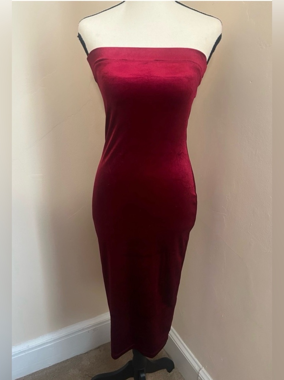 DNA Couture Burgundy Velvet Strapless Midi Tube Dress Red Wine Bodycon Elegant M